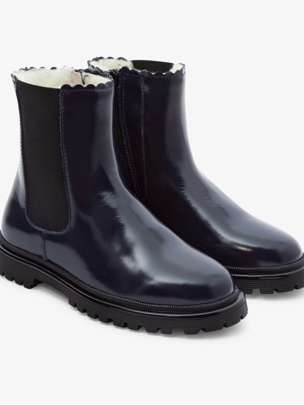 Jacadi Navy Patent Chelsea Boots with Scalloped Top Sz 2.5 $215